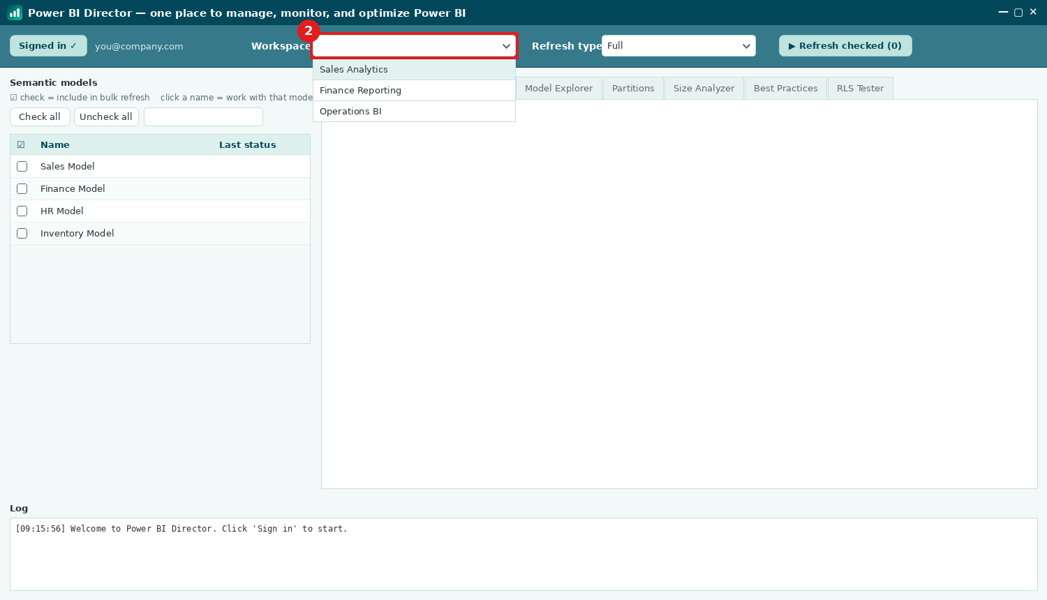 Step: the workspace dropdown with type-to-search