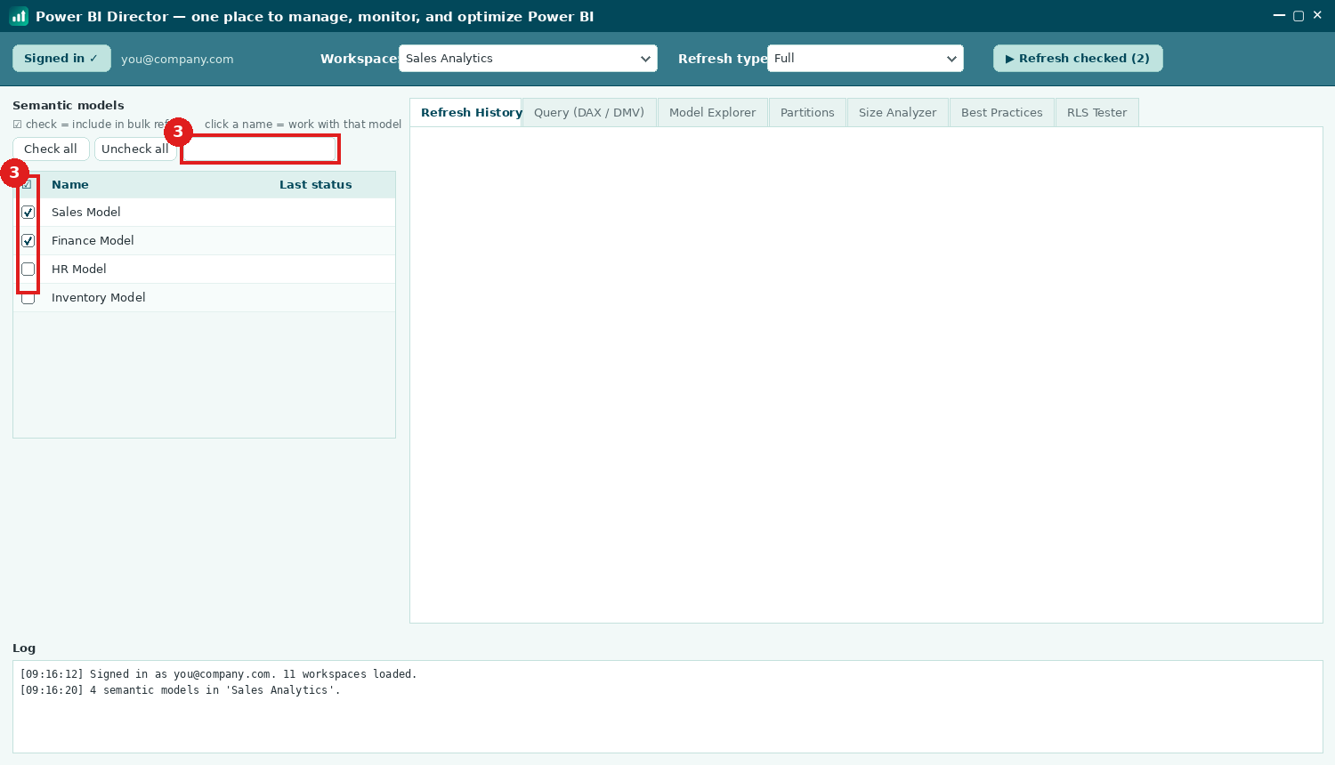Step: checkboxes for bulk refresh and the filter box