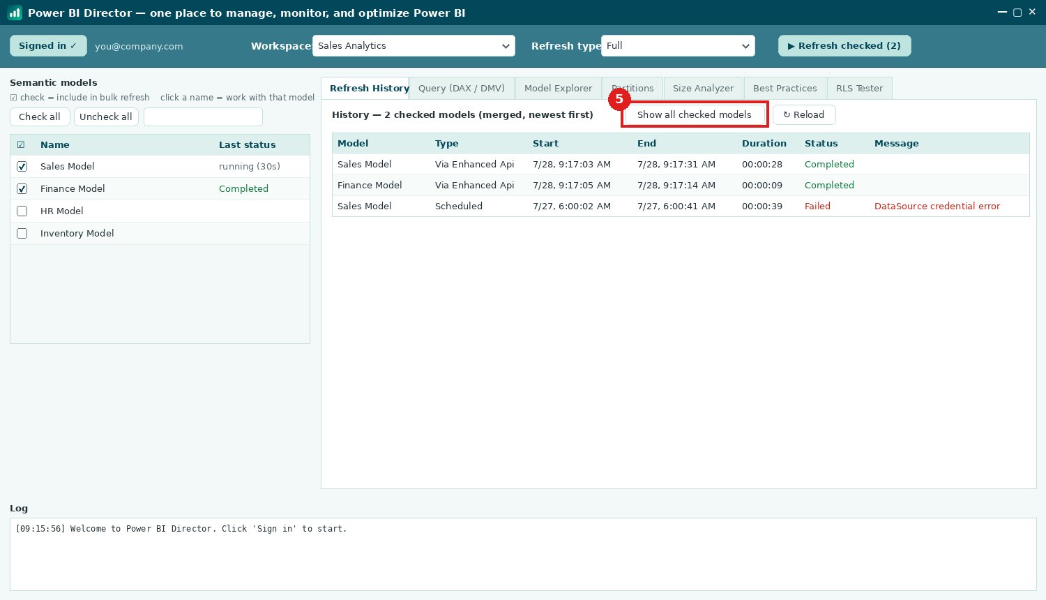 Step: merged refresh history across checked models