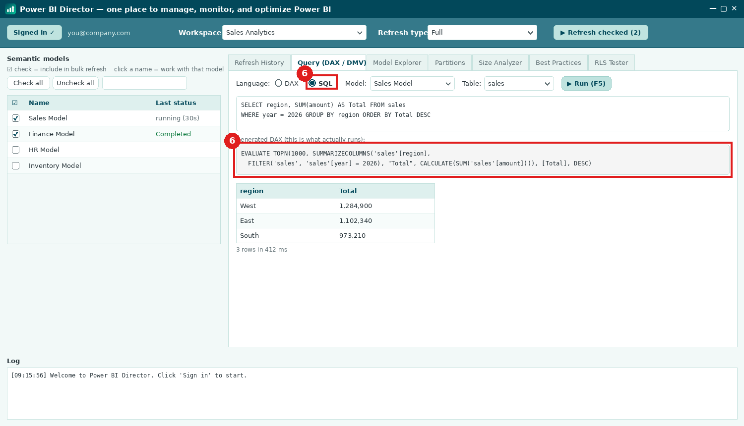 Step: SQL mode with live generated DAX and results