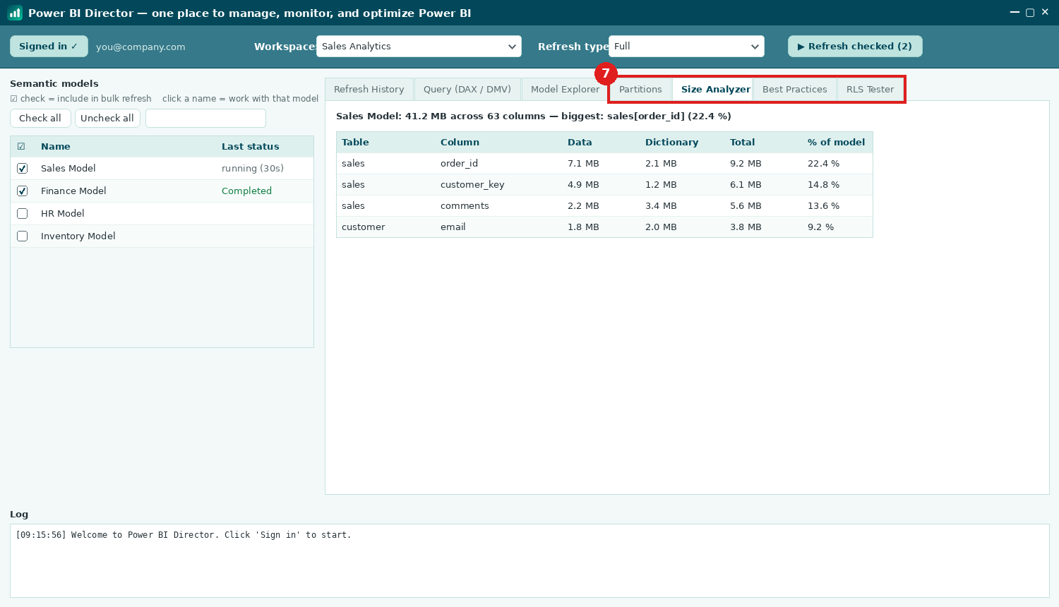 Step: the analyzer tabs, showing the Size Analyzer